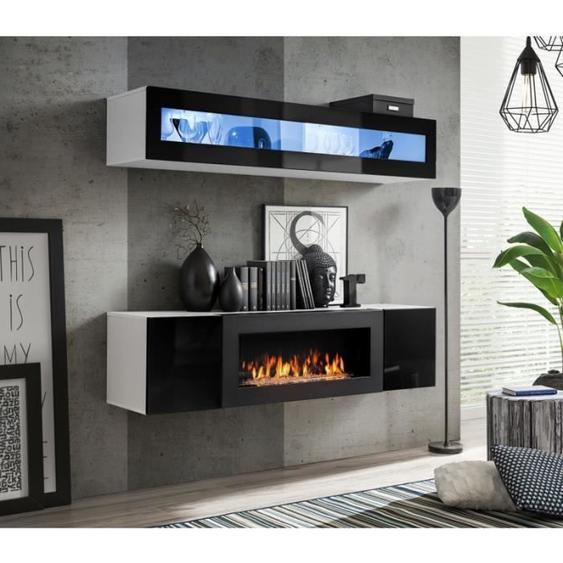 Ensemble mural - AC-DÉCO - FLY N - 1 rangement mural LED - 1 meuble TV - Blanc et noir - Modèle 1
