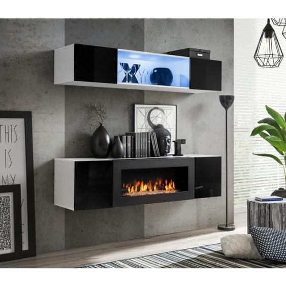 Ensemble mural - AC-DÉCO - FLY N - Rangement mural LED - Meuble TV - Blanc et noir