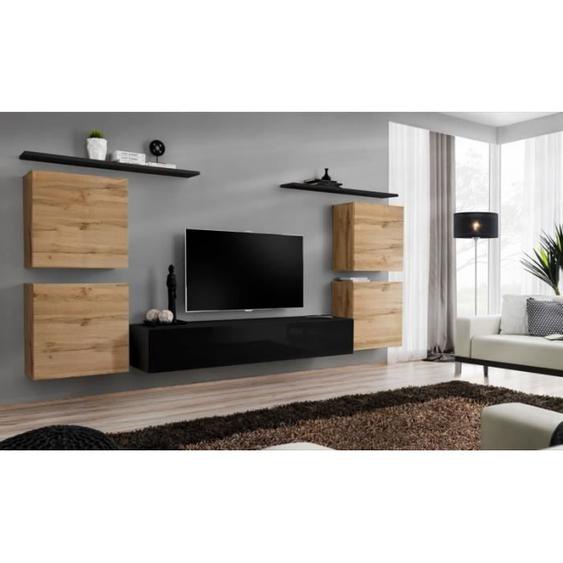 Ensemble mural - AC-DÉCO - Switch IV - Bois et noir - 1 vitrine - 1 banc TV - 2 étagères