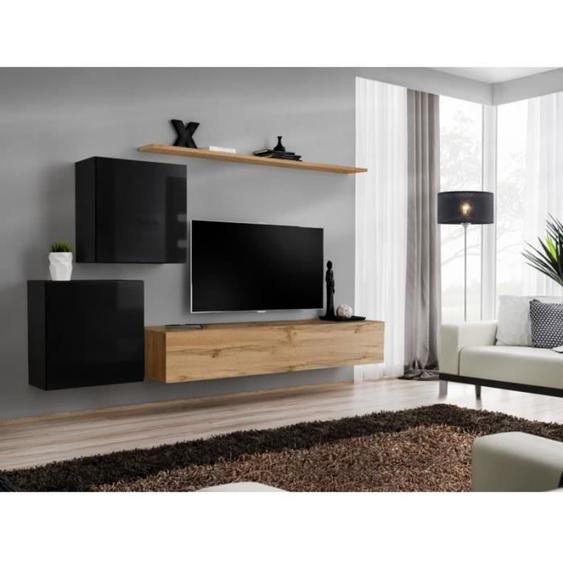 Ensemble mural - AC-DÉCO - Switch V - 1 vitrine carrée - 1 banc TV - 1 étagère - Bois et noir