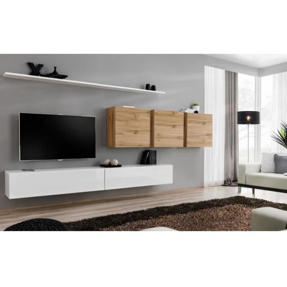 Ensemble mural - AC-DÉCO - Switch VII - 3 vitrines carrées - 2 bancs TV - Bois et blanc