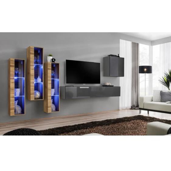 Ensemble mural - AC-DÉCO - Switch XIII - 3 vitrines LED - Bois et graphite - Modèle 1