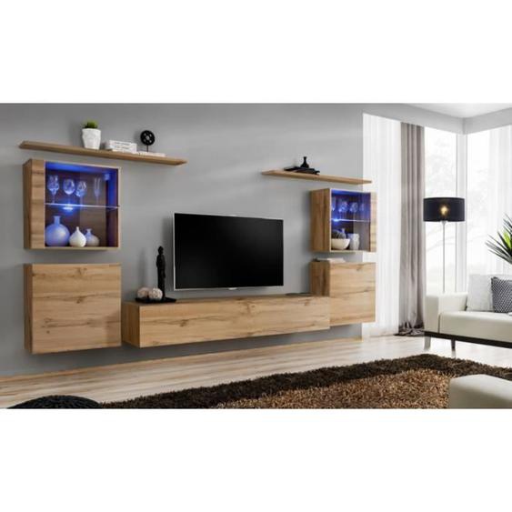 Ensemble mural - AC-DÉCO - Switch XIV - 4 vitrines - 1 banc TV - 2 étagères - Bois