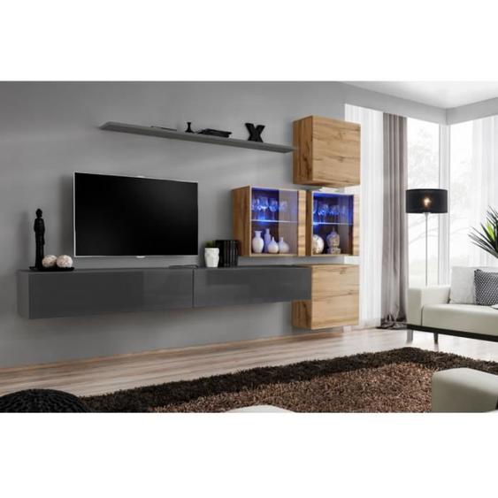 Ensemble mural - AC-DÉCO - Switch XIX - 4 vitrines - 2 bancs TV - Bois et graphite