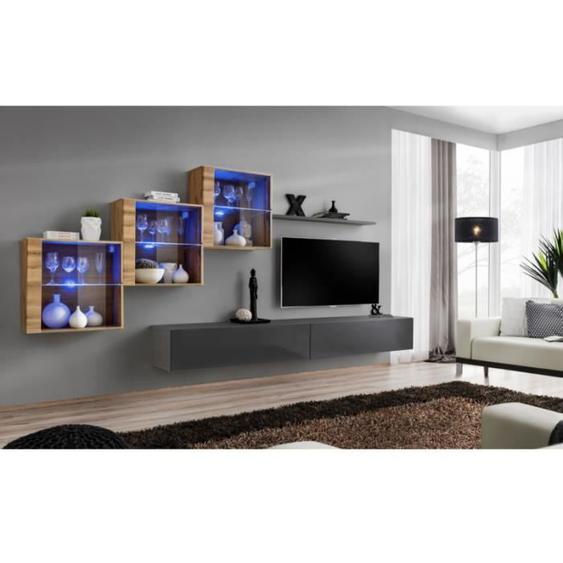 Ensemble mural - AC-DÉCO - Switch XX - 3 vitrines - 2 bancs TV - Bois et graphite