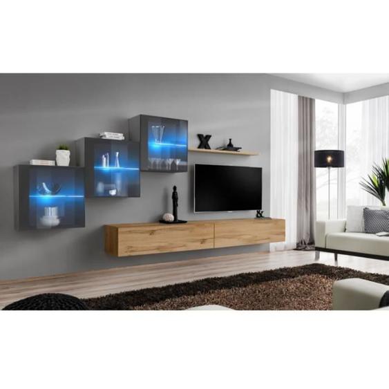 Ensemble mural - AC-DÉCO - Switch XX - 3 vitrines - 2 bancs TV - Bois et graphite