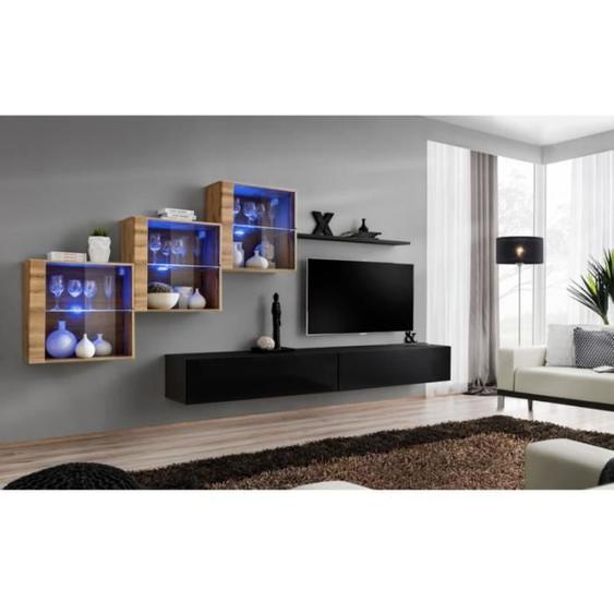 Ensemble mural - AC-DÉCO - Switch XX - 3 vitrines - 2 bancs TV - Bois et noir - Mat - Contemporain - Design