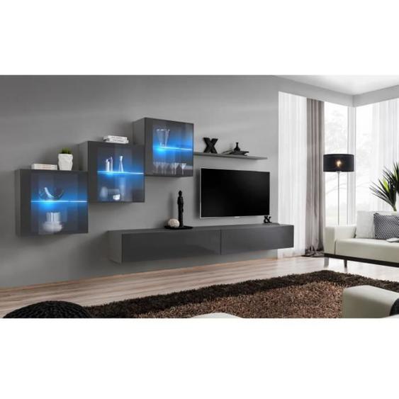 Ensemble mural - AC-DÉCO - Switch XX - 3 vitrines - 2 bancs TV - Graphite - Contemporain - Design