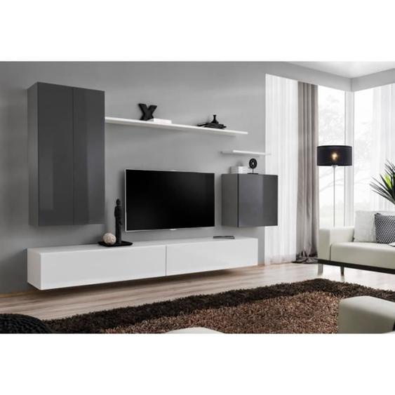 Ensemble mural - AC-DÉCO - Switch XX - Blanc et graphite - 1 vitrine LED - 1 banc TV - 2 étagères murales