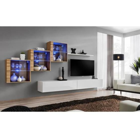 Ensemble mural - Switch XX - 3 vitrines - 2 bancs TV - 1 étagère - Bois et blanc - Modèle 1