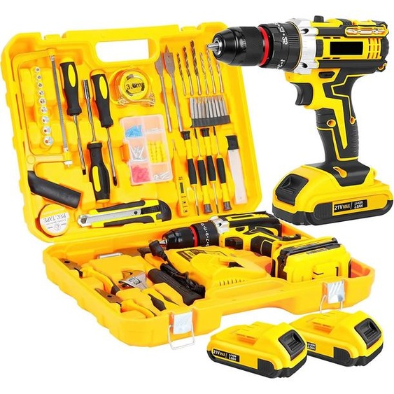 Ensemble perceuse-visseuse sans fil 21V - Perceuse sans fil - Couple de 45 Nm - Mandrin de serrage rapide de 10 mm - 25 + 3 réglages de couple - Coffret doutils de 120 pièces - Livré avec batterie et chargeur EU