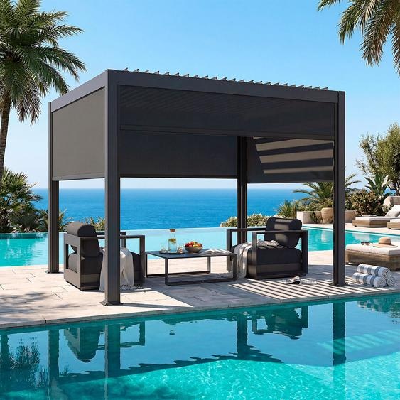 Ensemble pergola bioclimatique EVONIS avec 4 stores 3 x m - Structure en acier inoxydable et aluminium Hespéride