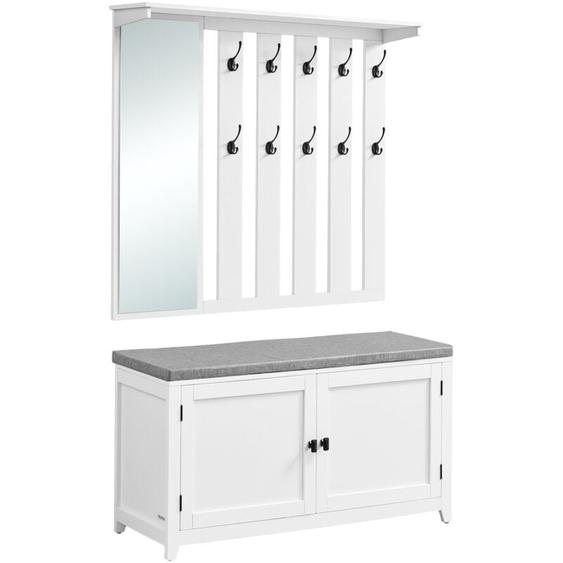 Ensemble Porte-Manteau avec Banc à Chaussures, Portant avec Miroir, 10 Crochets Doubles, Banc avec Étagère Réglable, Double Porte, Coussin Amovible,