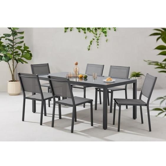 Ensemble Repas de Jardin 6 Personnes, Table Aluminium Verre Trempé, Chaises Textilène Gris Anthracite, 180 x 90 x 74 cm