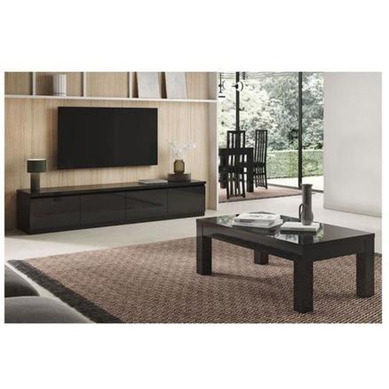 Ensemble Salon - ALTOBUY - Deyton - Laqué Noir - Meuble TV 4 Portes - Table Basse 127cm - Design Contemporain