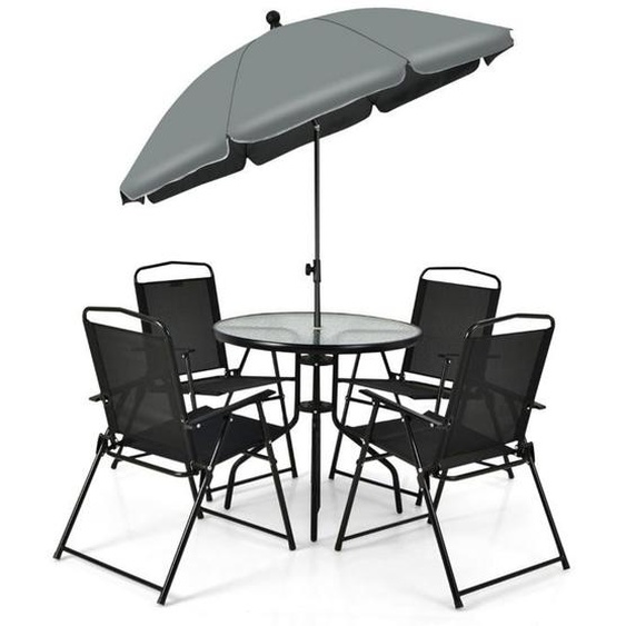 Ensemble salon de jardin - Noir - 6 pcs - 4 chaises pliantes - Table en verre - Parasol amovible
