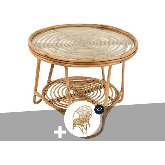 Ensemble salon de jardin bohème, 2 fauteuils  rotin rond + table basse - Jardiline