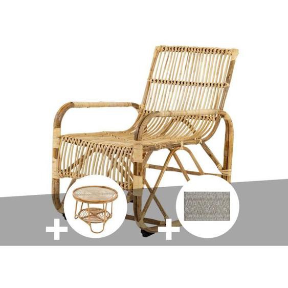 Ensemble salon de jardin bohème en rotin, fauteuil + table basse + tapis Prague - Jardiline