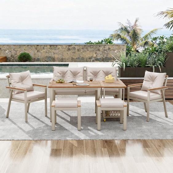 Ensemble salon de jardin Fliek Ensemble de meubles de jardin pour 6 personnes, meubles de balcon avec chariot de service, ensemble de meubles de terrasse avec coussins, canapé de jardin, table de jardin, beige