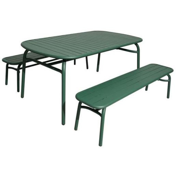 Ensemble salon repas de jardin Oscar complet - vert (1 table rectangulaire + 2 bancs)