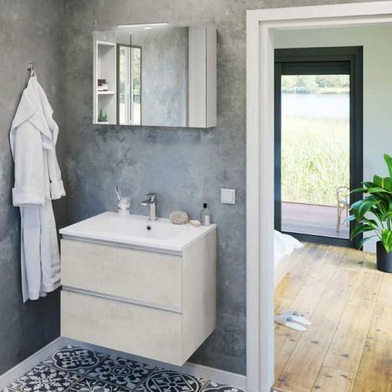Ensemble SDB 70 cm Béton blanc + Vasque + Armoire miroir - DIBA - Gris - Bois - Meuble sous vasque : L 70 x l 54 x H 56 cm - Vasque