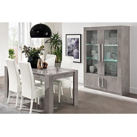 Ensemble Séjour - ALTOBUY - Clark - Table 190cm - Vitrine 4 Portes - Effet Marbre Laqué