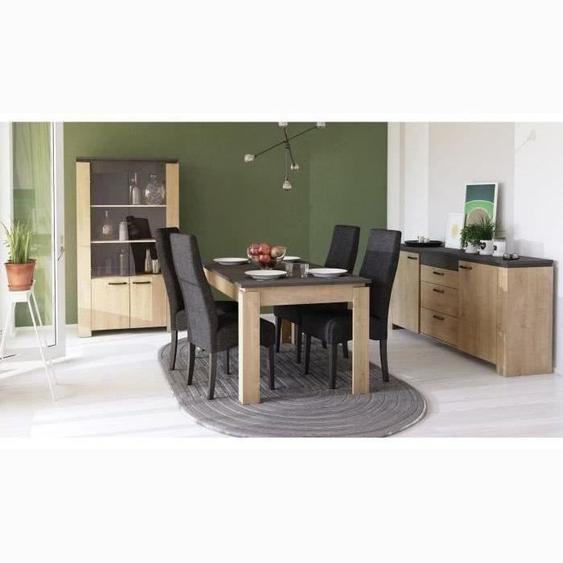Ensemble Séjour - AUSTIN - Table salle à manger 170x90 cm - Vitrine - Enfilade 2 portes - Chêne Hamilton et gris