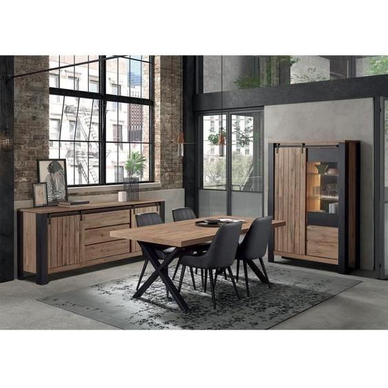 Ensemble Séjour Complet - ALTOBUY - Clodius - Table 170 cm - Aspect Bois - Piètement Métal Noir