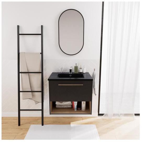 Ensemble simple vasque 60cm noir + robinet + miroir NIKA