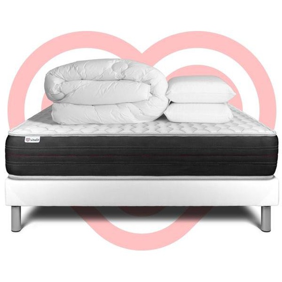 Ensemble sommier matelas 140x190 VITALSPRING Ressorts ensachés - 24 cm - Ferme - sommier kit blanc + 2 oreillers + couette