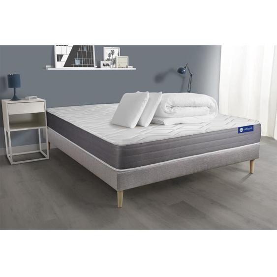 Ensemble sommier matelas 140x200 Actiflex dream - 22 cm - Mi-ferme - sommier kit gris + 2 oreillers + couette