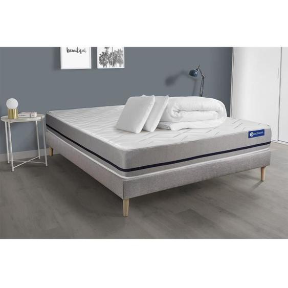 Ensemble sommier matelas 140x200 Actiflex soft - 20 cm - Mi-ferme - sommier kit gris + 2 oreillers + couette