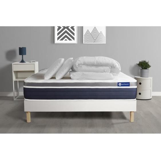 Ensemble sommier matelas 140x200 Actimemo confort Mémoire de forme - 26 cm - Mi-ferme - sommier kit Blanc + 2 oreillers + couette
