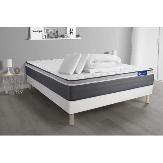Ensemble sommier matelas 140x200 Actimemo plus Mémoire de forme - 26 cm - Très ferme - sommier kit Blanc + 2 oreillers + couette
