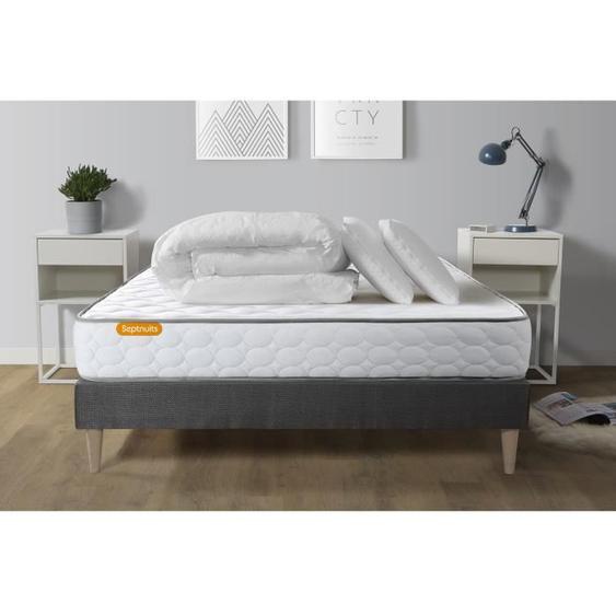 Ensemble sommier matelas 140x200 Memo Mémoire de forme - 20 cm - Très ferme - sommier kit gris + 2 oreillers + couette