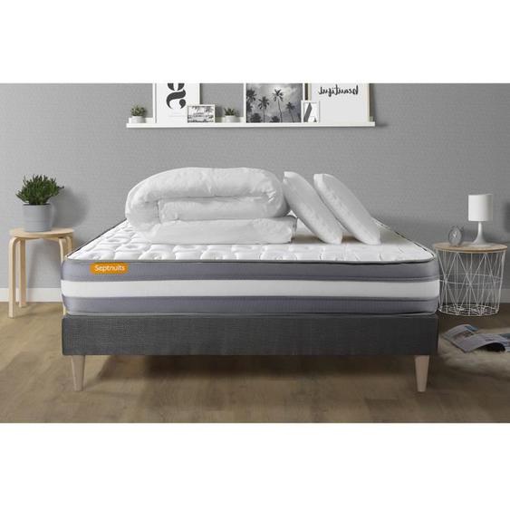 Ensemble sommier matelas 160x200 Memo plus Mémoire de forme - 24 cm - Ferme - sommier kit gris + 2 oreillers + couette