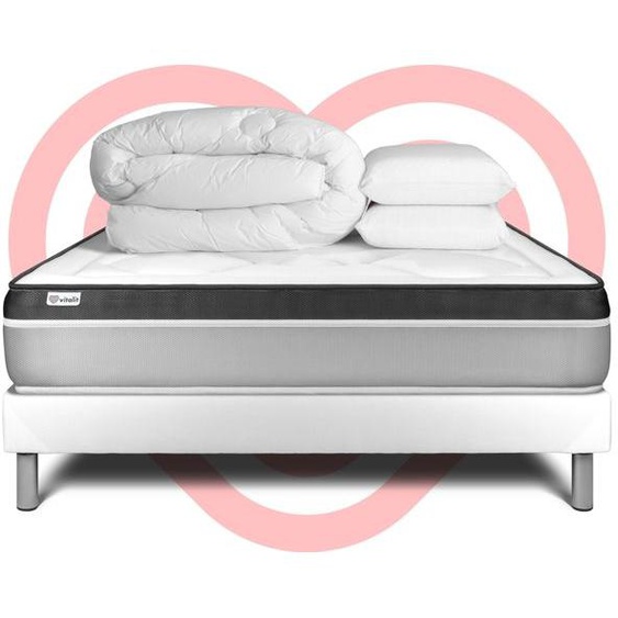 Ensemble sommier matelas 160x200 VITAL ERGO Ressorts ensachés et Mémoire de forme - 26 cm - Ferme - sommier kit blanc + 2 oreillers