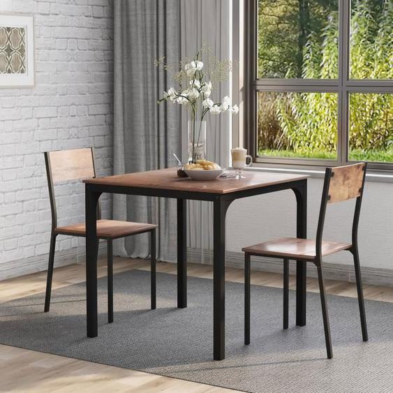 Ensemble Table à Manger avec 2 Chaises - Style Industriel - Carré-2 Personnes - 70x70x75cm - Marron Rustique+noir