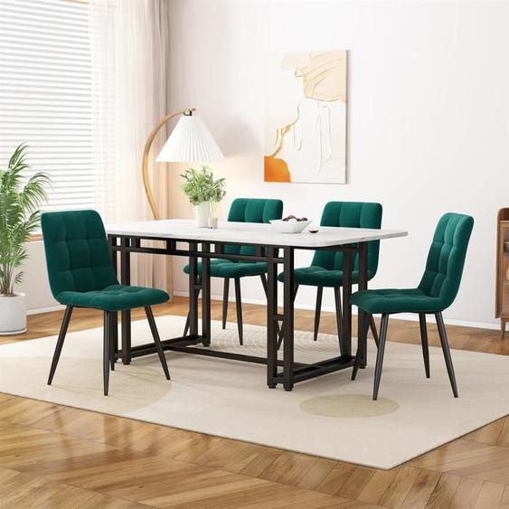 Ensemble table à manger et 4 chaises, chaises de salle à manger en velours vert foncé, table de salle à manger à pieds en fer noir
