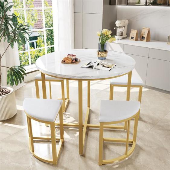 Ensemble table avec 4 chaises, plateau ronde en MDF, cadre en fer plaqué or, chaise en velours, D80x75cm+D33x46cm, blanc