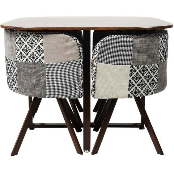 Ensemble table carrée - Patchwork - Gris - 4 chaises encastrables - Polyester - MDF