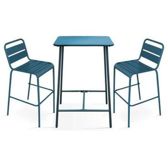 Ensemble table de bar - OVIALA - Modèle PALAVAS - Métal bleu pacific - 2 chaises - 105 cm hauteur