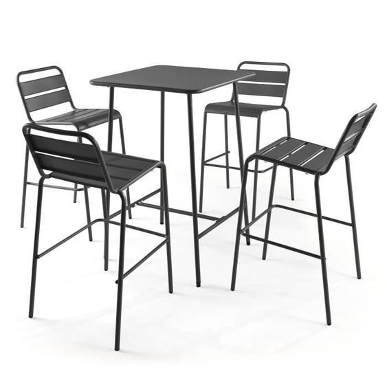 Ensemble table de bar - OVIALA - Palavas - 4 chaises hautes - Métal anthracite - Style industriel