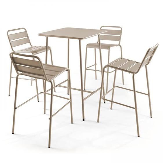 Ensemble table de bar et 4 chaises hautes en métal taupe - Oviala