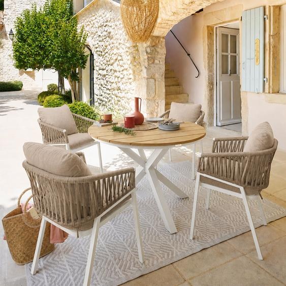 Ensemble table de jardin + 4 fauteuils ORIENGO Acacia / Blanc places - Aluminium traité époxy, certifié FSC Hespéride