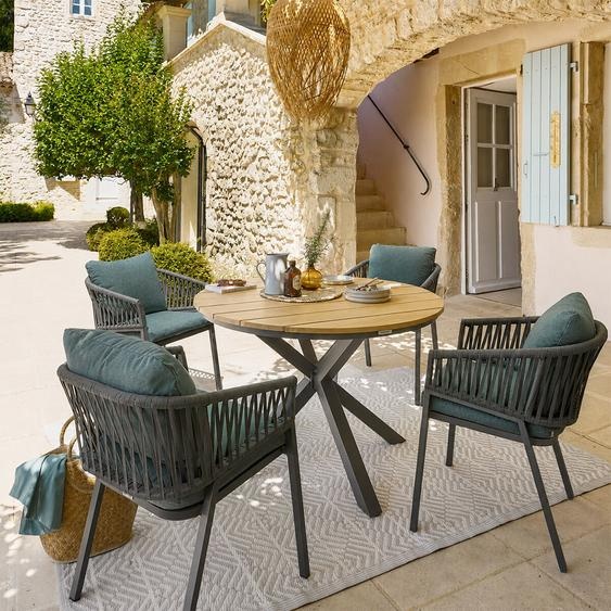 Ensemble table de jardin + 4 fauteuils ORIENGO Acacia / Graphite places - Aluminium traité époxy, certifié FSC Hespéride