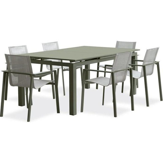 Ensemble Table de Jardin + 6 Fauteuils Miami, Kaki, Aluminium, Textilène Gris, Table Extensible 180/240x100 cm, Fauteuils Empilables