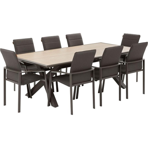 Ensemble table de jardin AXIOME Vanille   Marron + 8 fauteuils DIESE Praline places - Aluminium traité époxy, ECP Hespéride