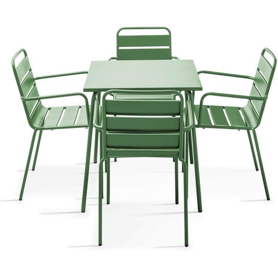 Ensemble table de jardin carrée et 4 fauteuils acier vert cactus - Oviala Palavas