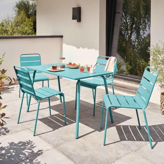 Ensemble table de jardin en métal et 4 chaises turquoise - Oviala Palavas